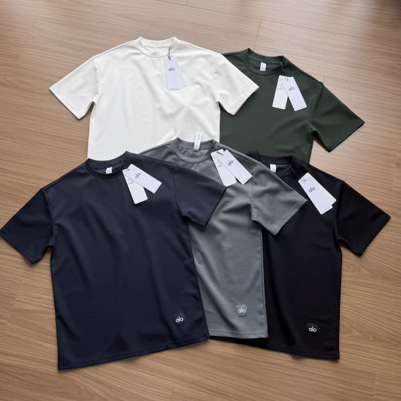 Cross-Border Foreign Trade Authentic Alo Summer Short-Sleeve 240g Original Liquid Silky Double-Sided Fabric Unisex Style
