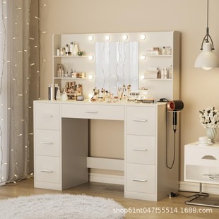 Dressing Table with Mirror Led Light Socket with Drawer Storage Rack Suitable for Bedroom Dressing Room White Customizable