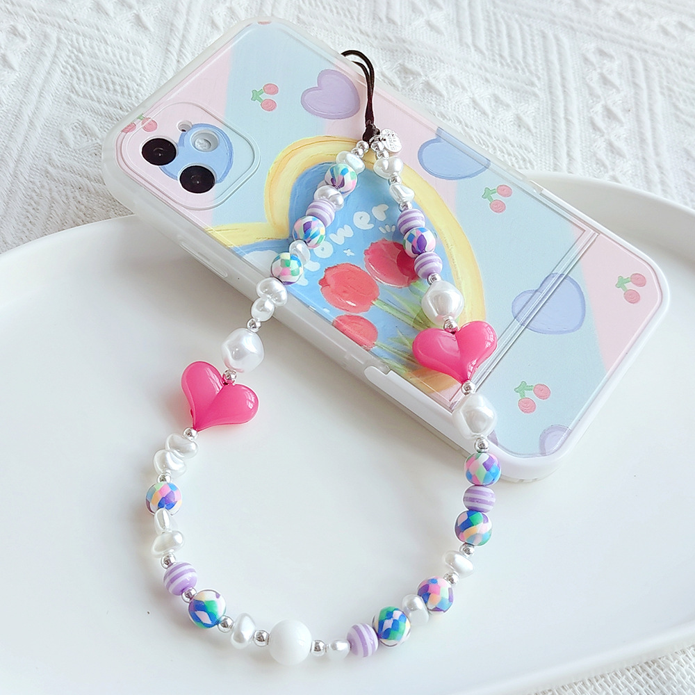 Stringting Pu Caiying Same Style Ins Style Special-shaped Imitation Pearl Love Handmade Beaded Anti-lost Mobile Phone Charm Women display picture 29