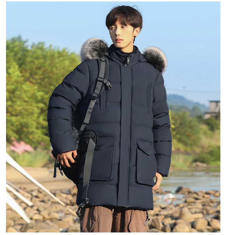 Große, mit Baumwolle gefütterte Jacke für Herren mit abnehmbarer Kapuze und großem Pelzkragen._voghion.com