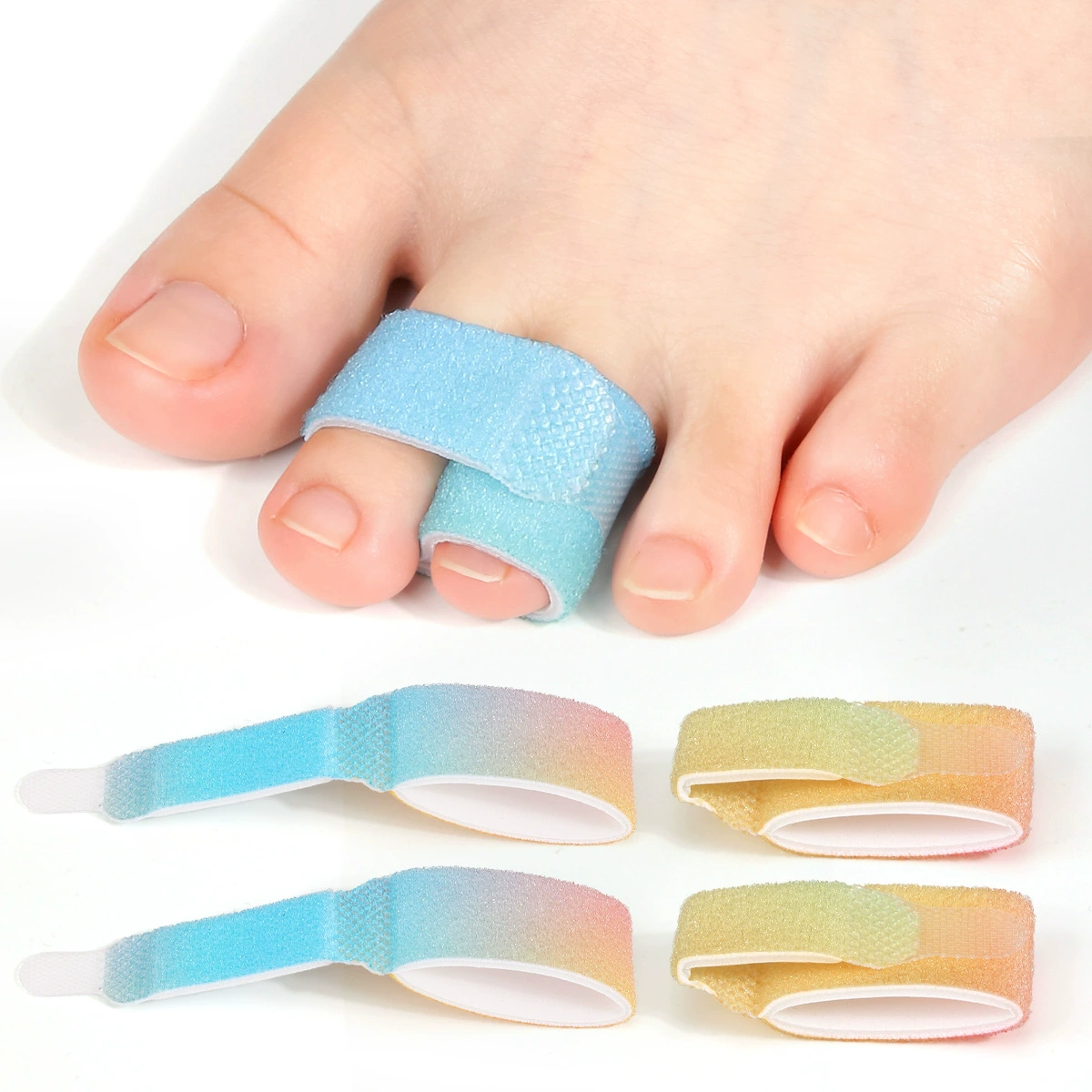 Цветная эластичная лента-липучка для разделения накладывающихся пальцев ног, а также для коррекции изгиба пальцев рук и ног.