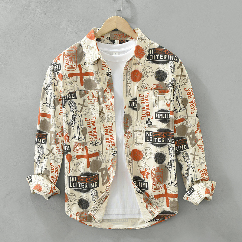 Fully Printed Trendy Design Long-Sleeved Shirt for Men in Spring and Autumn New Style Personalized Printed Casual Shirt Loose and Handsome