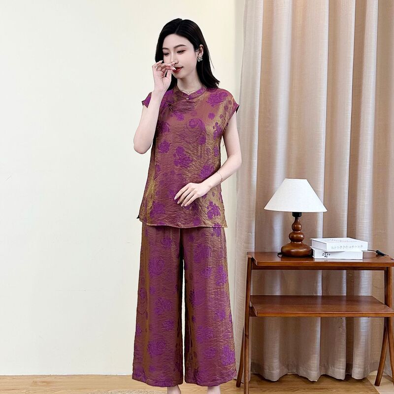 Dropshipping Elegant Retro Chinese Style Plus-Size Women's Clothing Set: Loose and Comfortable Two-Piece Top + Pants Dropshipping Elegant Retro Chinese Style Plus-Size Women's Clothing Set: Loose and Comfortable Two-Piece Top + Pants