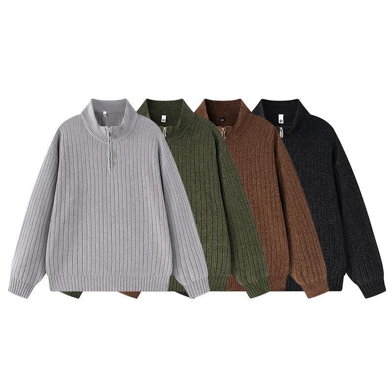 Premium Old Money Style Men's Half-Zip Sweater, Autumn/Winter Ribbed Texture, American Casual Lazy Style Knitwear