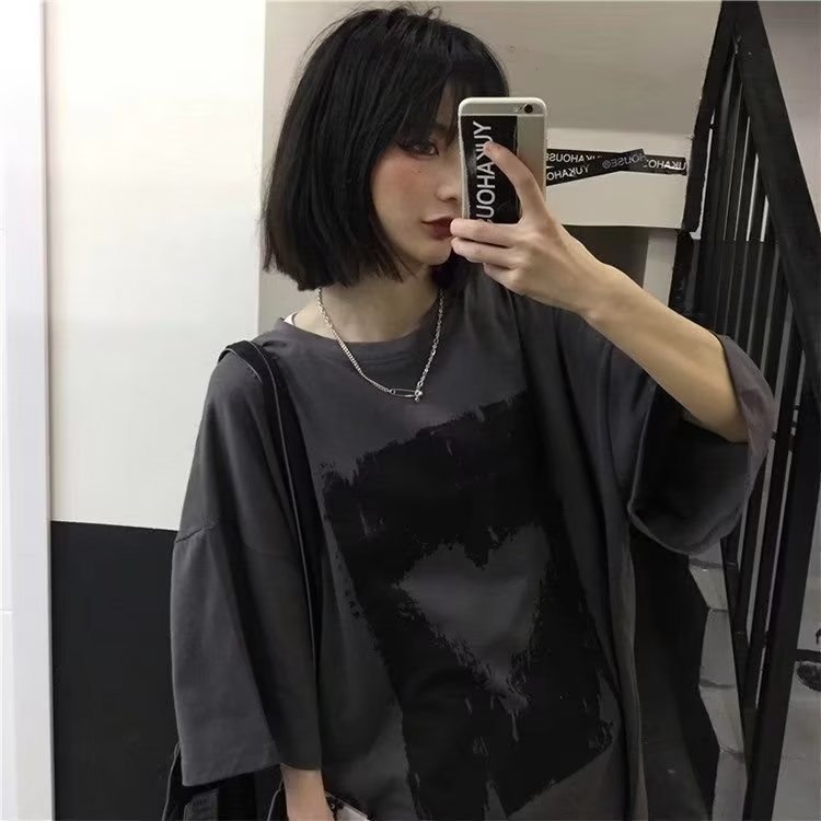 Camiseta de manga corta para hombre suelta marca de moda High Street Harajuku estilo media manga de moda estilo de Hong Kong todo partido ropa de verano para parejas