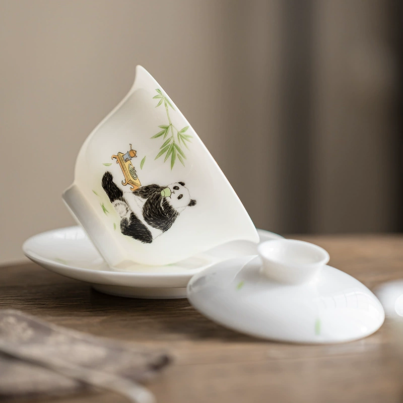 Ceramic tea cup white jade, tea set, panda, anti-scald