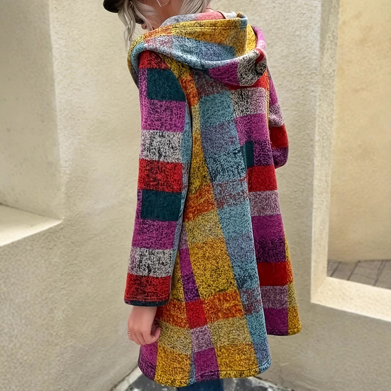 アマゾンのクロスボーダーのファッションの女性の格のニットのレトロな格子のプリントは帽子のパーカーのカーディガンと一緒に毛のオーバーをつかみます。|undefined