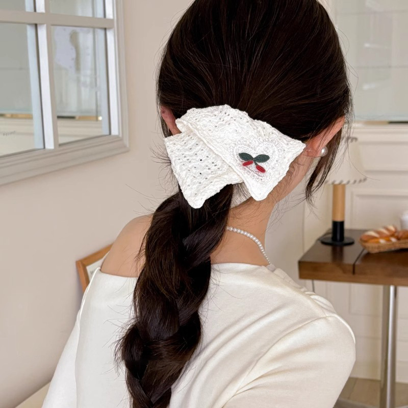Tela hecha a mano pequeña toalla cuadrada bordada de cereza anillo de cabello de intestino grueso cuerdas de cabello coreanas simples cuerdas de cabello
