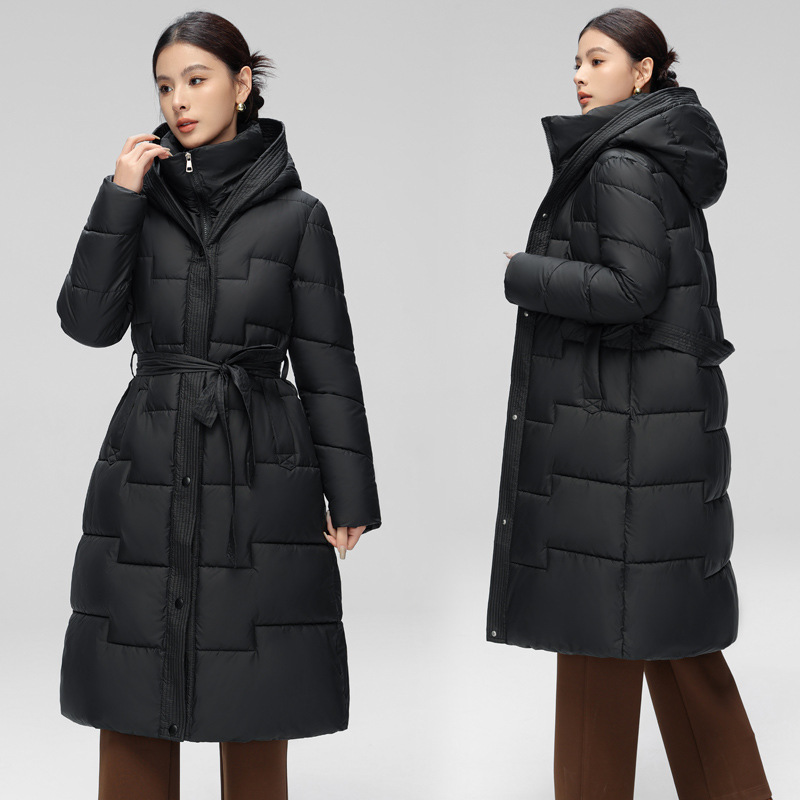 Ropa de algodón mediano y largo para mujeres 2025 cintura delgada encapuchada de invierno nueva moda versátil abrigo de algodón caliente coreano