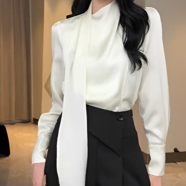 法式高级感飘带白色衬衫女2026年时尚新款春秋级女设计感上衣