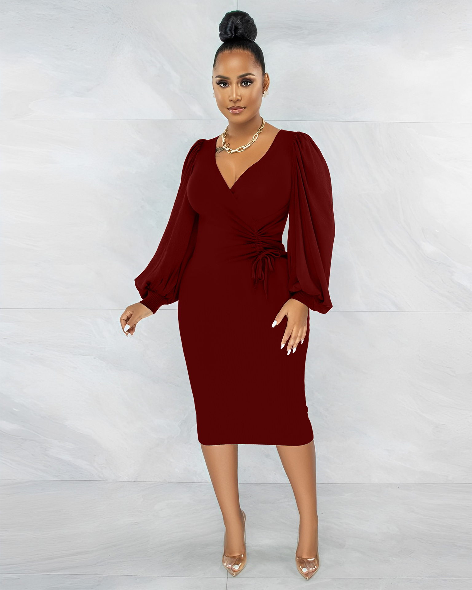 Fashion Solid Color V Neck Long Sleeve Zipper Polyester Midi Dress Regular Dress display picture 3