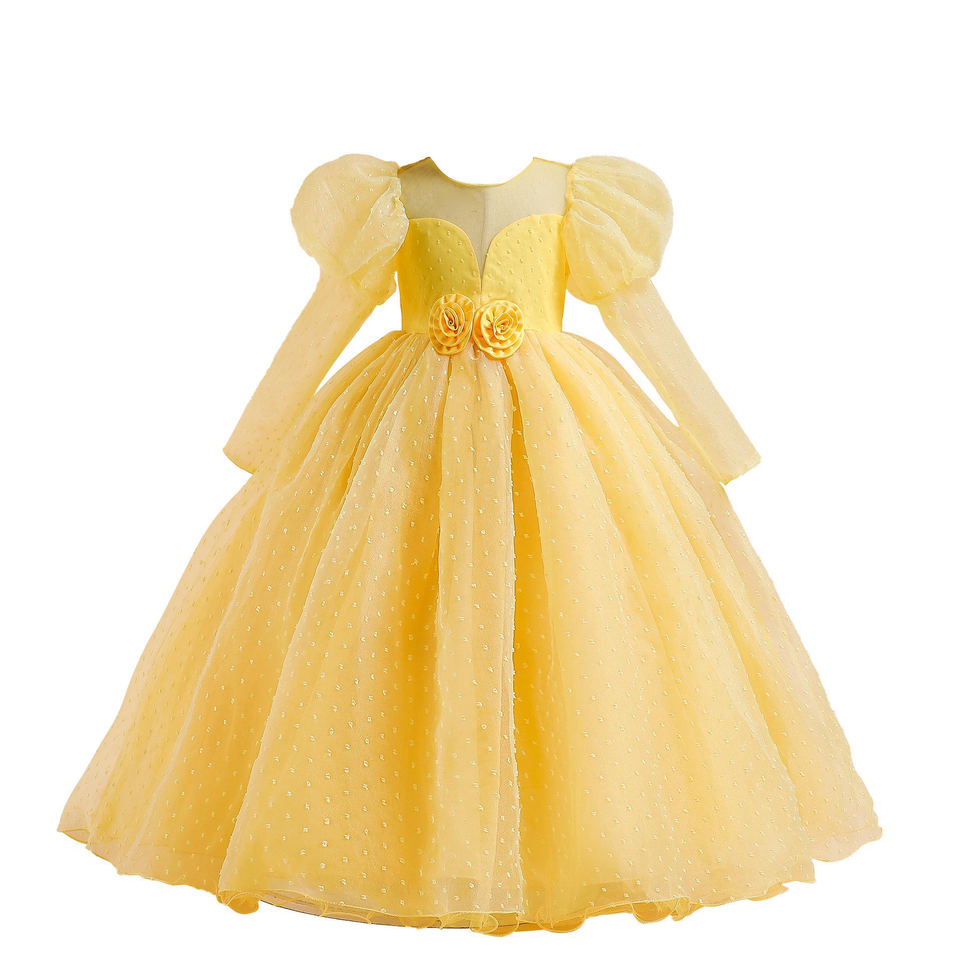 Europa y América nuevo medio y grande vestido de los niños burbuja manga larga princesa mullida gasa vestido piano rendimiento vestido de noche vestido