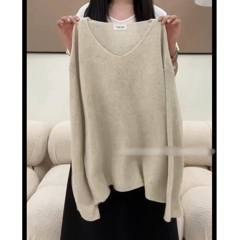秋季一整套穿搭女2025新款百搭慵懒风针织上衣休闲背带裤两件套装|undefined