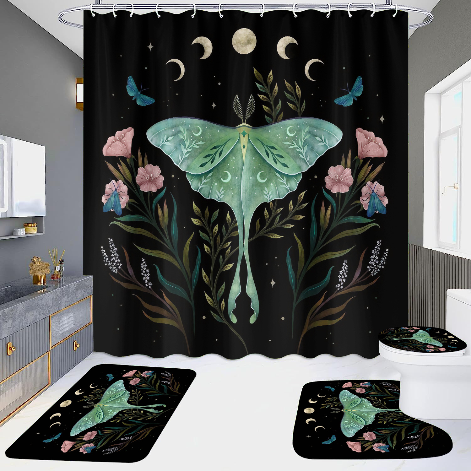 Source Factory High-Definition Shower Curtain Four-Piece Set Butterfly Feather Series Waterproof No-Drill Bathroom Partition Curtain Bathroom Curtain