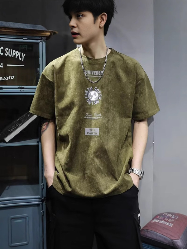 American Style Retro Suede Antique Short-sleeved Shirt Men's Summer plus size Loose Fashion Brand Draped Half-sleeved Body Grey None