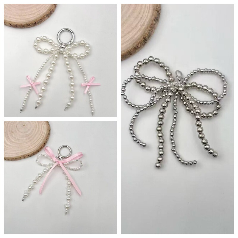 Korean-Style Cute and Sweet Handmade Imitation Pearl Bow Ribbon Keychain Bag Pendant Gift Personalized Accessory