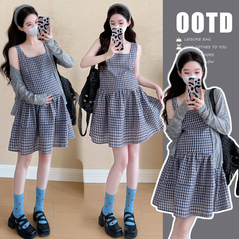 French-Style Short Sweet and Cute Plaid Vest Dress + Sun-Protective Cardigan Maternity Set for Petite Women