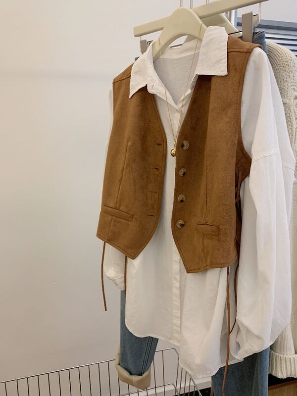 Milad Style Lace-Up Suede Vest for Women, Autumn Design, Niche Casual Short V-Neck Sleeveless Vest