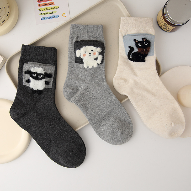 2025 new original cute flocking tube socks women's autumn and winter ins fashionable personality pocket cartoon kitten stockings cotton