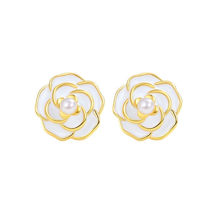 S925 plata Camelia pendientes de plata pendientes de flores frescas de las mujeres estilo Chanel joyas de perlas sintéticas al por mayor otoño