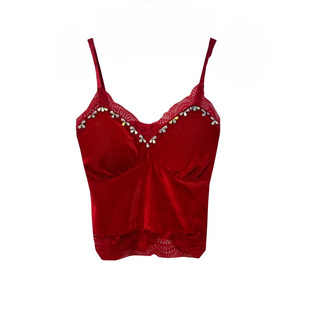 Niche socialite lace warm bottoming high-grade velvet women's top chest pad thin shoulder strap vest women's inner wear