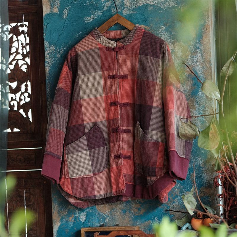 小泥姑娘オリジナルデザイン レトロ風 ウォッシュド加工 純綿 小さな綿服 留め具付きコート 2137 レッドチェック