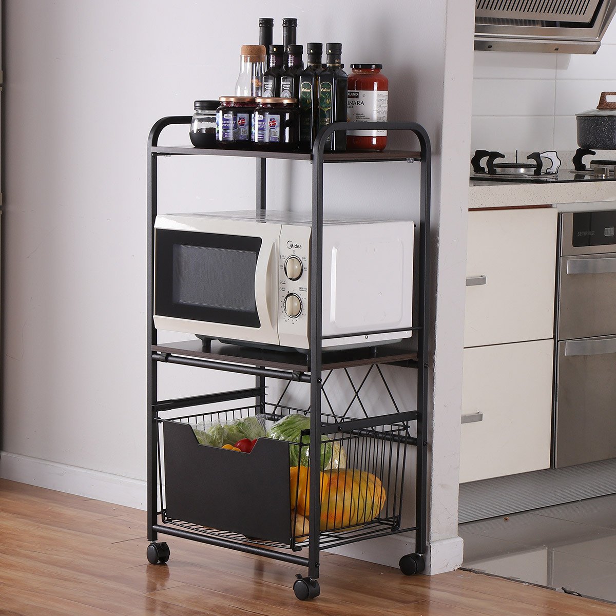 Estante de almacenamiento de piso de cocina carro móvil de múltiples capas con ruedas multifunción horno de microondas estante de almacenamiento doméstico