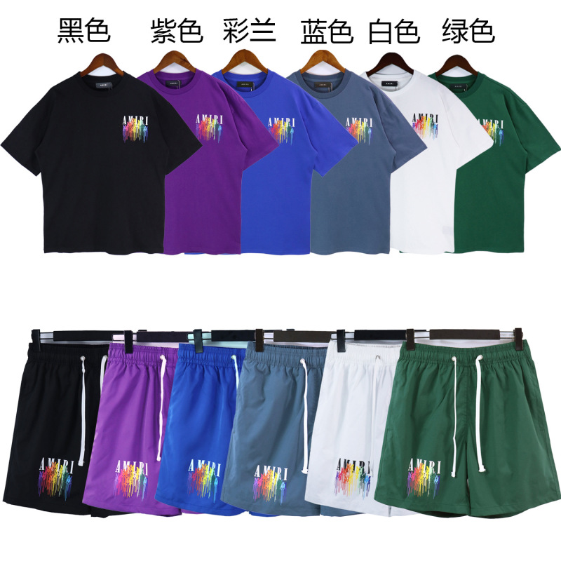 Cross-Border 2024Amiri.T-Shirt Dripping Printed Round Neck Short-Sleeved Men's and Women's Star T-Shirt