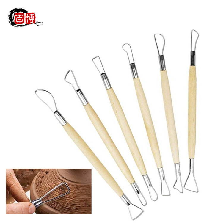 Clay, wooden handle, tools set, 6 pieces