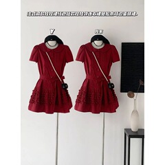 法式减龄娃娃裙红色短款娃娃领连衣裙2025夏季宽松木耳边蛋糕裙