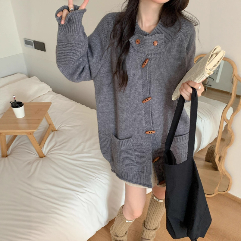 小立领木扣粗棒针米白色毛衣外套女秋冬宽松慵懒风针织毛开衫外搭|undefined