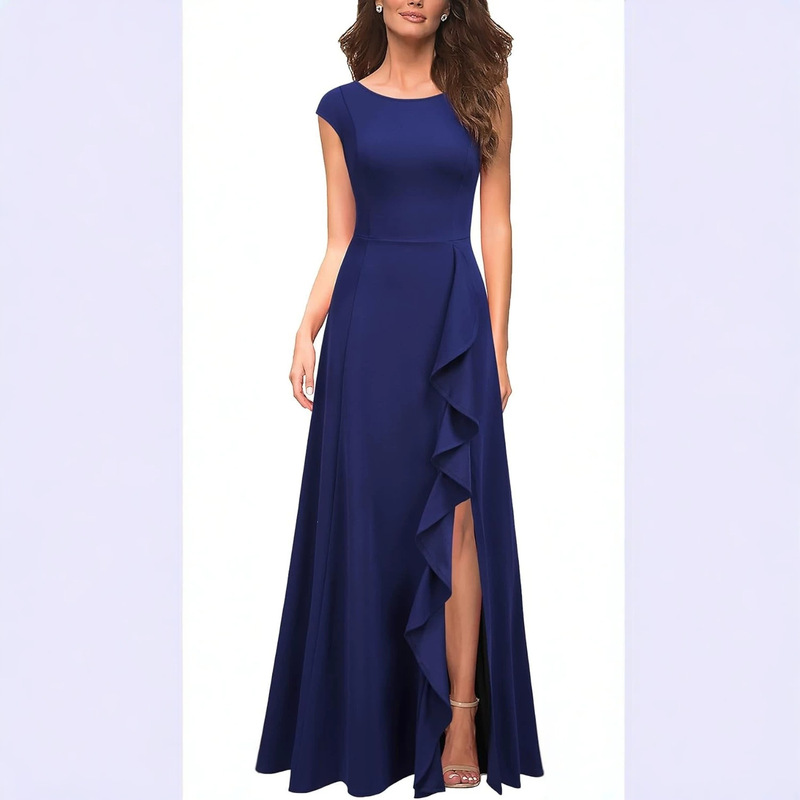 Short-Sleeve Cross-Border Women's Cocktail Dress with Pockets, Ruffles, Sexy Slit, Long Formal Party Gown Short-Sleeve Cross-Border Women's Cocktail Dress with Pockets, Ruffles, Sexy Slit, Long Formal Party Gown