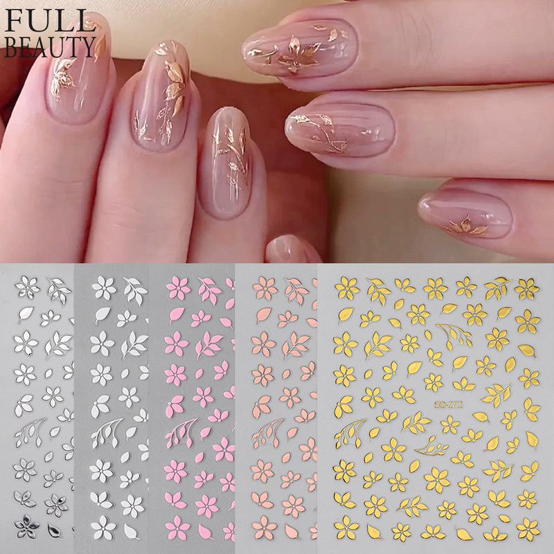 Cross-Border New Nail Art Sticker Set Ins Golden Branches and Jade Leaves Mirror Flowers Florals Hibiscus Flower Adhesive Nail Stickers