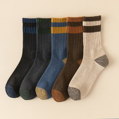 Men's winter socks, thickened soles, terry mid-tube socks, upper tube, two bars, men's socks, toe and heel, color matching, men's stockings, thick