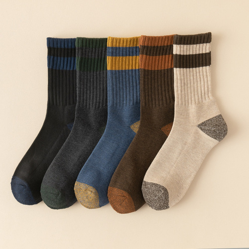 Men's winter socks, thickened soles, terry mid-tube socks, upper tube, two bars, men's socks, toe and heel, color matching, men's stockings, thick