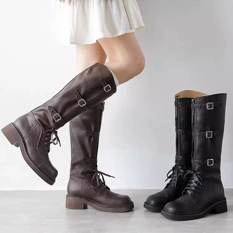 Miu дом новые модные сапоги ретро ремень пряжка длинные сапоги кожаные сапоги высокие сапоги женский западный ковбойские сапоги