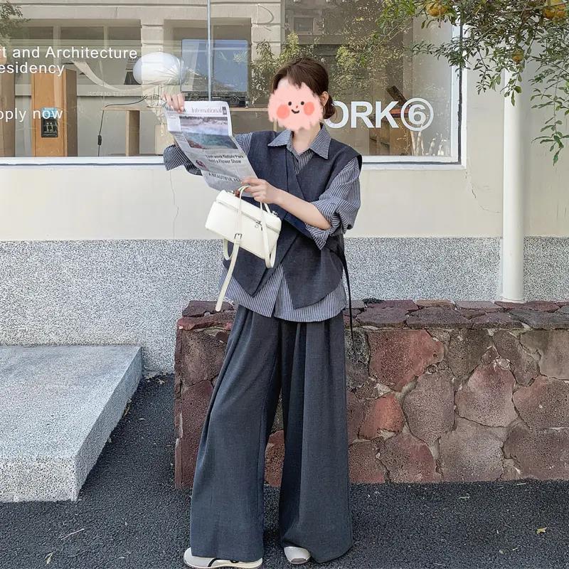 2025早秋新款韩系设计感不规则马甲条纹衬衫宽松阔腿长裤三件套装|undefined