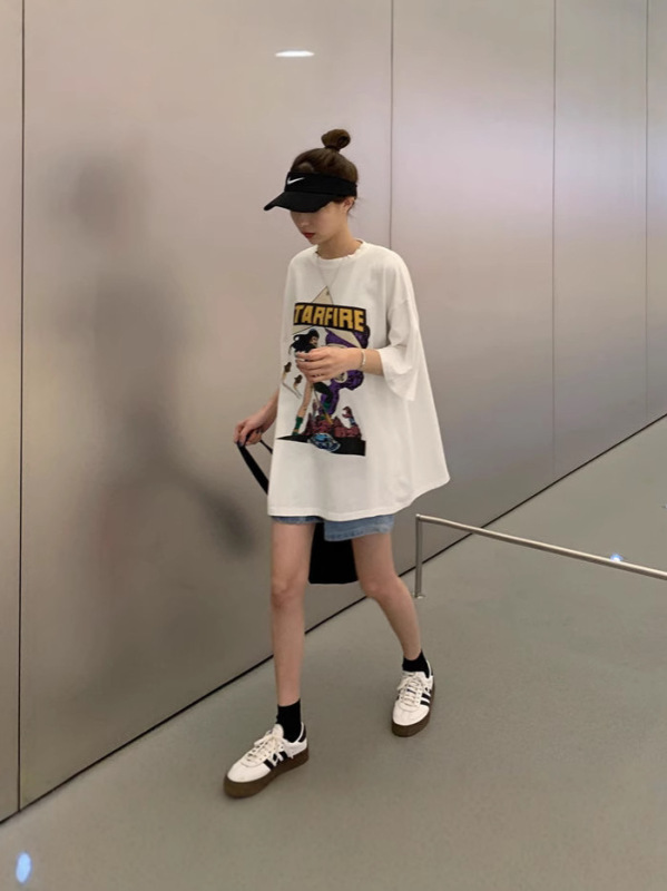 大きいサイズMM半袖ルーズカジュアルスタイル膝上Tシャツシンプル2025ミドル丈レディーススリム夏プリント多用途|undefined