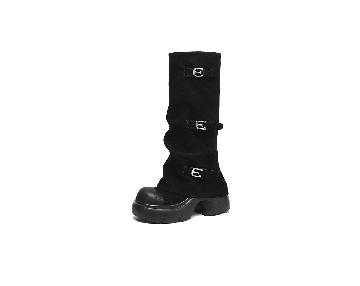 Boot nữ da lộn đế dày phong cách biker, gót platform 5 cm — màu đen chi tiết 20