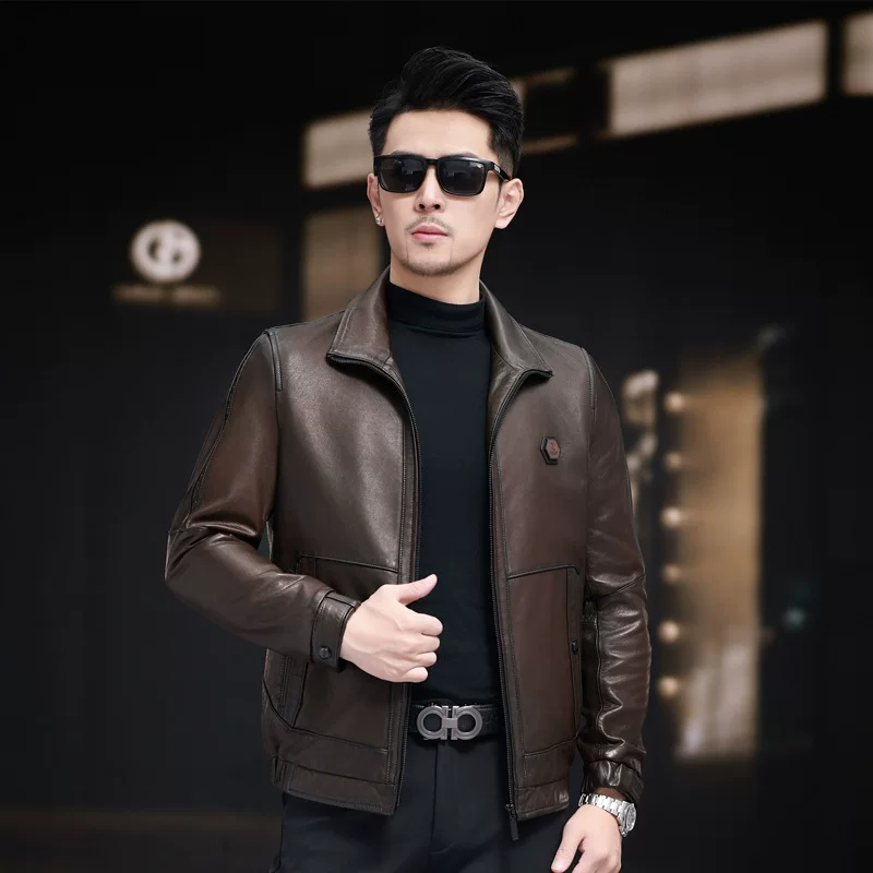 Two-color short thin jacket for leisure, genuine leather