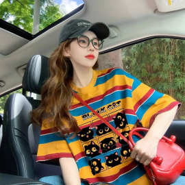 胖mm大码女装240斤复古条纹短袖t恤女美式撞色设计感卡通印花上衣