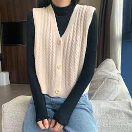 针织马甲背心女开衫短款2022春秋宽松v领复古麻花无袖外搭赵之郑