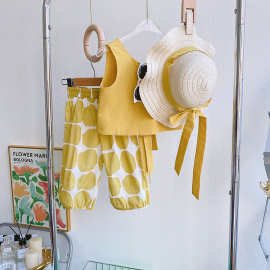 6507韩版田园风套装套头女童背心上衣+波点灯笼裤+帽子三件套套装