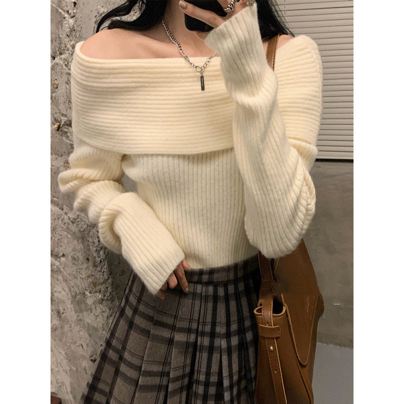 露肩慵懒风加厚一字肩毛衣女秋冬季新款辣妹设计感一字领针织上衣|undefined