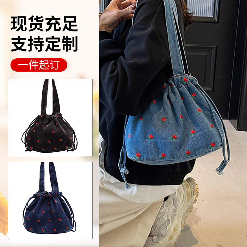 Fashionable Literary Casual Embroidered Small Flower Bucket Bag Korean Style Large Capacity Lightweight Work Commuting Shoulder Denim Bag Fashionable Literary Casual Embroidered Small Flower Bucket Bag Korean Style Large Capacity Lightweight Work Commuting Shoulder Denim Bag