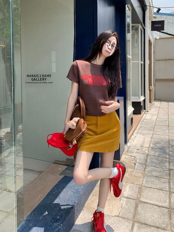 字母提花蓝色圆领短袖t恤女春夏甜辣妹设计感修身短款针织上衣|undefined