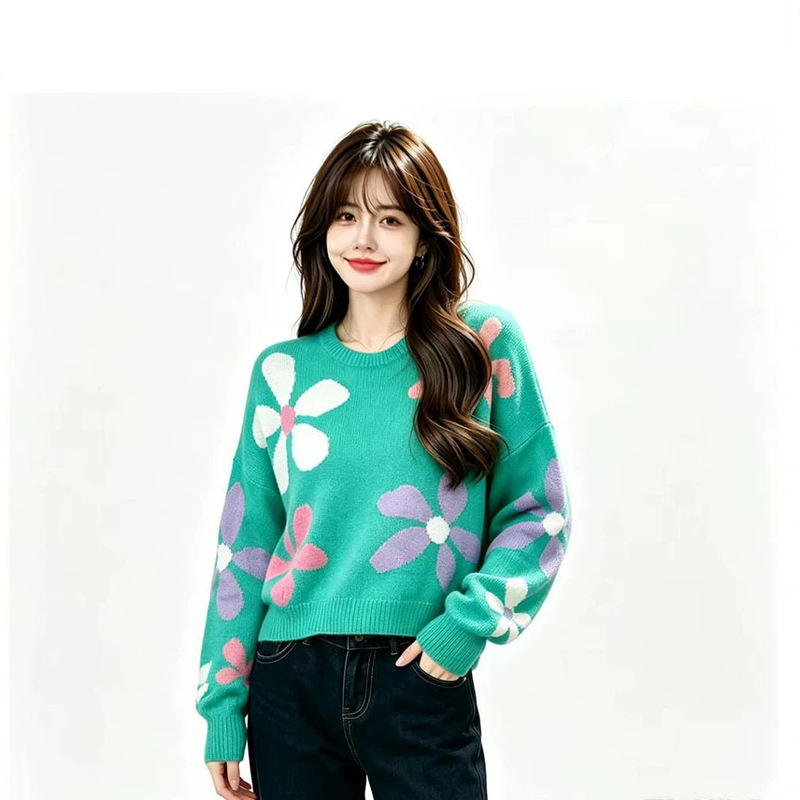 26 Autumn/Winter new cross-border women's jacquard round-neck loose sweater, floral oversized sweater, casual style top 26 Autumn/Winter new cross-border women's jacquard round-neck loose sweater, floral oversized sweater, casual style top