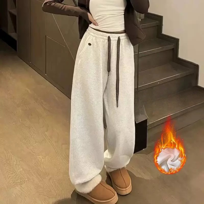 Fleece-Lined Thick Snow Pants Jogger Sweatpants for Women Autumn Winter Drawstring Loose Drape Slimming Casual