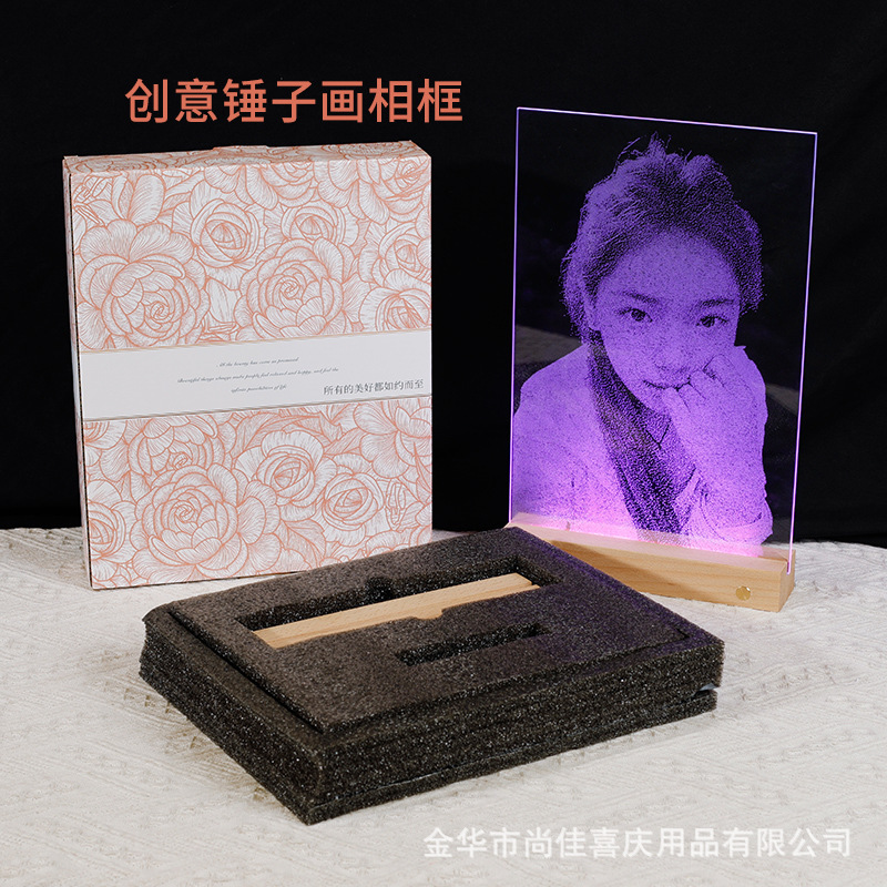 锤子玻璃画七彩发光实木充电底座桌面摆台520情人节礼物工厂批发|undefined