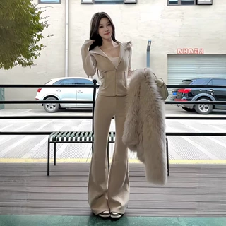 韩系运动风连帽卫衣套装女春秋季修身显瘦阔腿裤两件套休闲穿搭潮